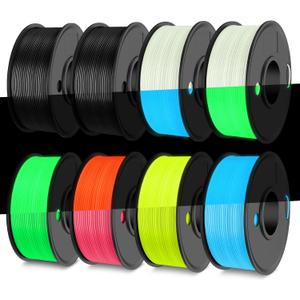 TECBEARS Glow in The Dark Petg FilamentNeatly Wound 3D Printer Filament Bundle250g/Spool, 8 Packs (2 Spool of Black Petg and 6 Spool of Glowing Blue/Green/Red/Yellow)