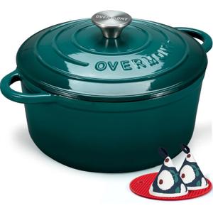 Overmont Enameled Cast Iron Dutch Oven - 7QT Pot with Lid Cookbook & Cotton Potholders - Heavy-Duty Cookware for Braising, Stews, Roasting, Sourdough Baking bottle green