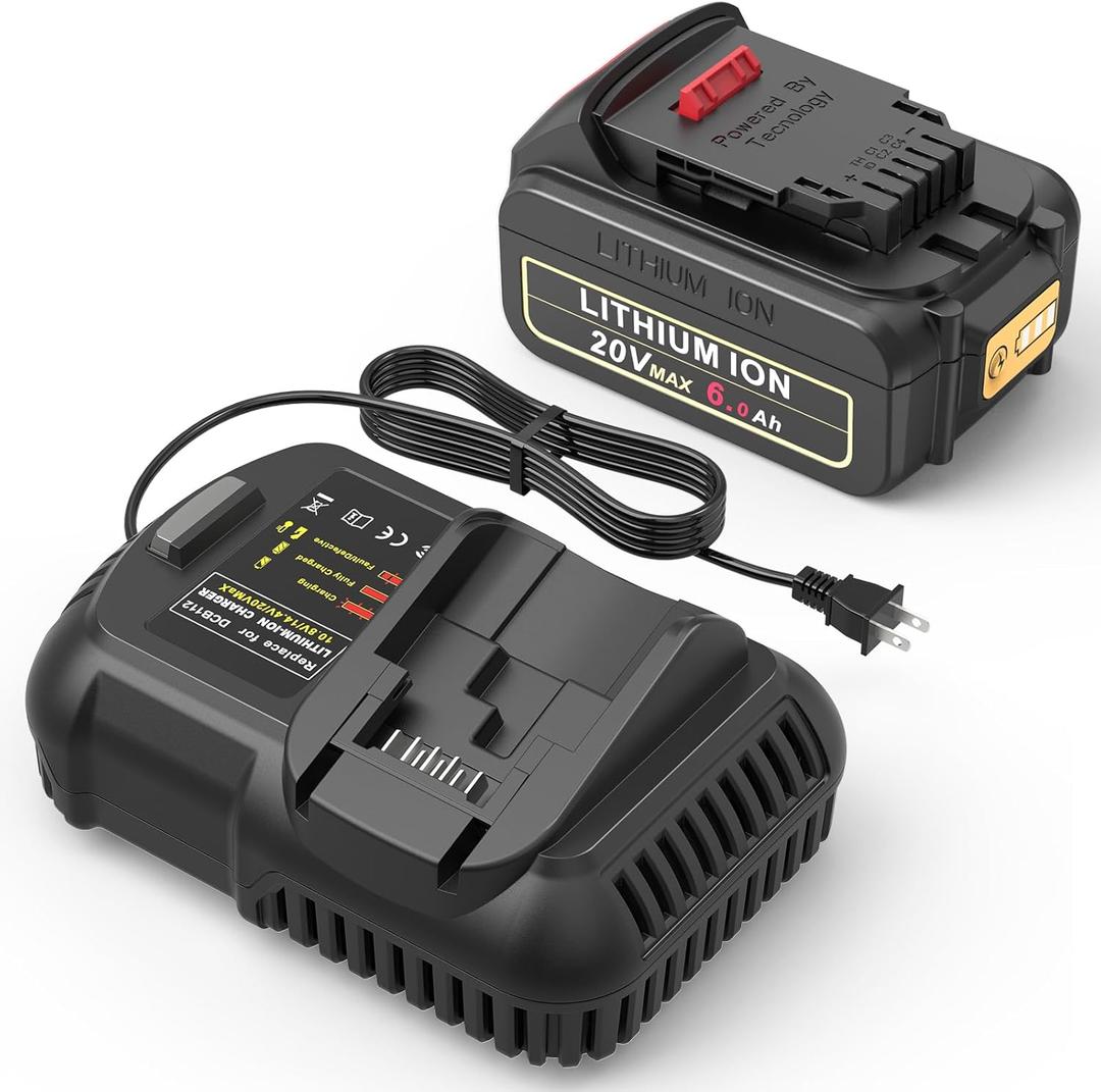 6.0Ah 20V Lithium Ion Battery and Charger Combo for Dewalt Compatible with Dewalt Batteries DCB205 DCB206 DCB207 DCB204 DCB201 DCB200 DCD DCF DCG Series Cordless Power Tools (1 Battery and 1 Charger)