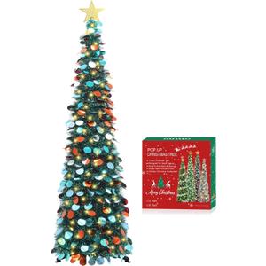 HMASYO 5 FT Pop Up Christmas Tree with Timer Lights, Blue Christmas Tinsel Tree, Collapsible Artificial Pencil Christmas Tree for Indoor Home Apartment Porch Holiday Party Decorations (Peacock Green)