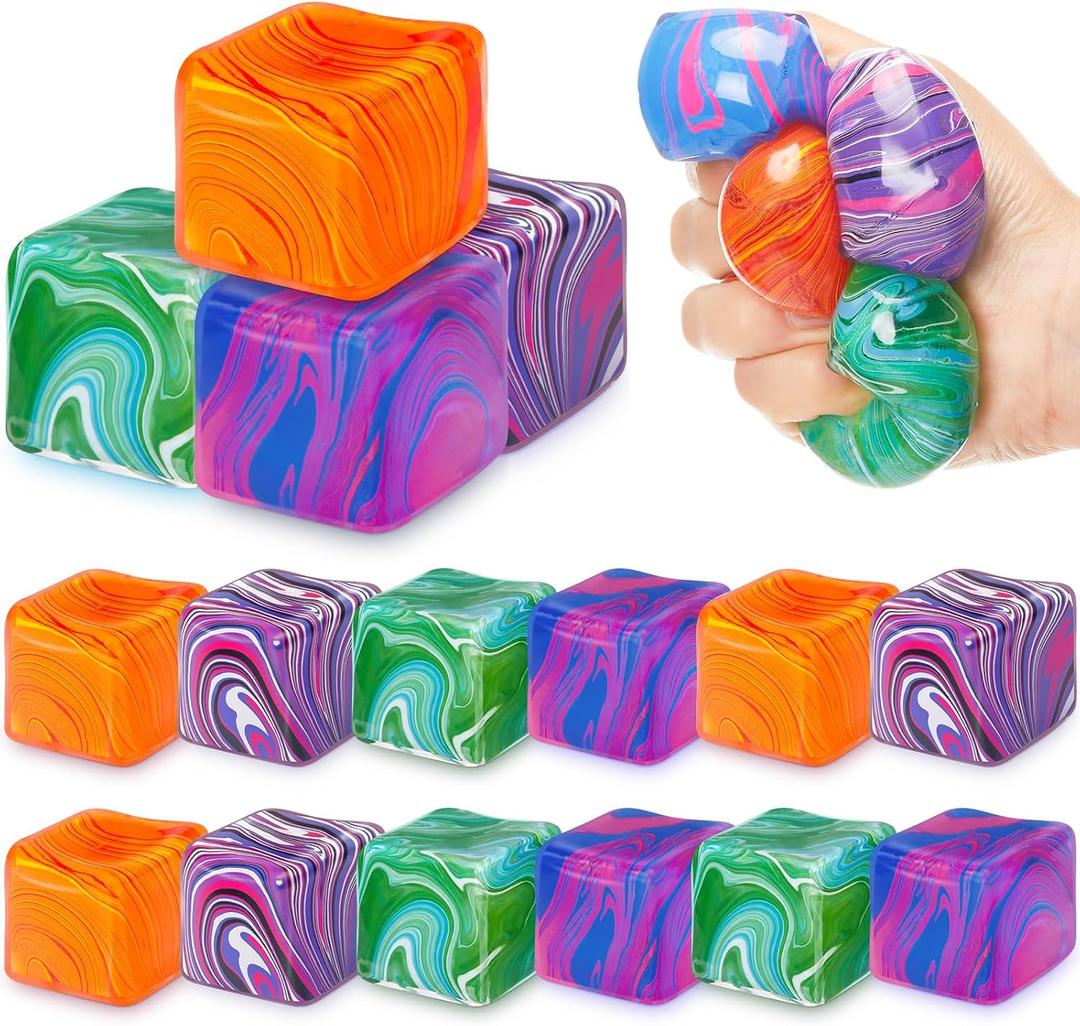 16 Pcs Stress Cube Bulk Ice Cube Stress Ball Anxiety Relief Soft Squeeze Sensory Ball for Party Favors Prizes Goodie Bag Stuffers (Pink,Purple,Green,Orange)