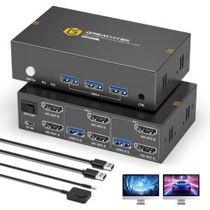 8K HDMI KVM Switch 2 Monitors 2 Computers,8K@60HZ USB3.0 Dual Monitors KVM Switches for 2 PC/Laptops Share Mouse Keyboard and 2 Screens,with 2 USB Cables/Controller,EDID Adapative,Plug&Play