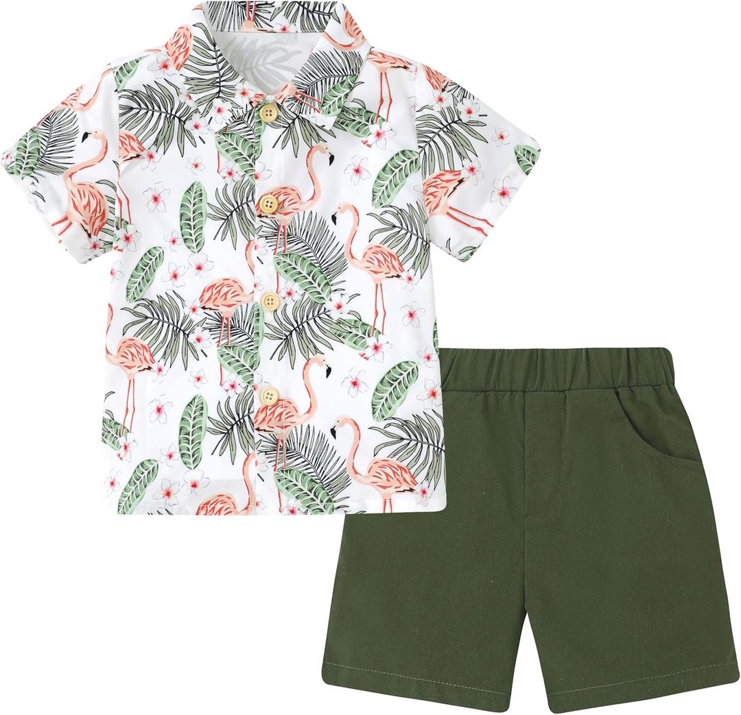 Coco&RARA Toddler Boy Clothes Baby Flamingo Hawaiian Outfits Short Sleeve Shirt + Elastic Waist Shorts Summer Beach Set (18-24 Months)