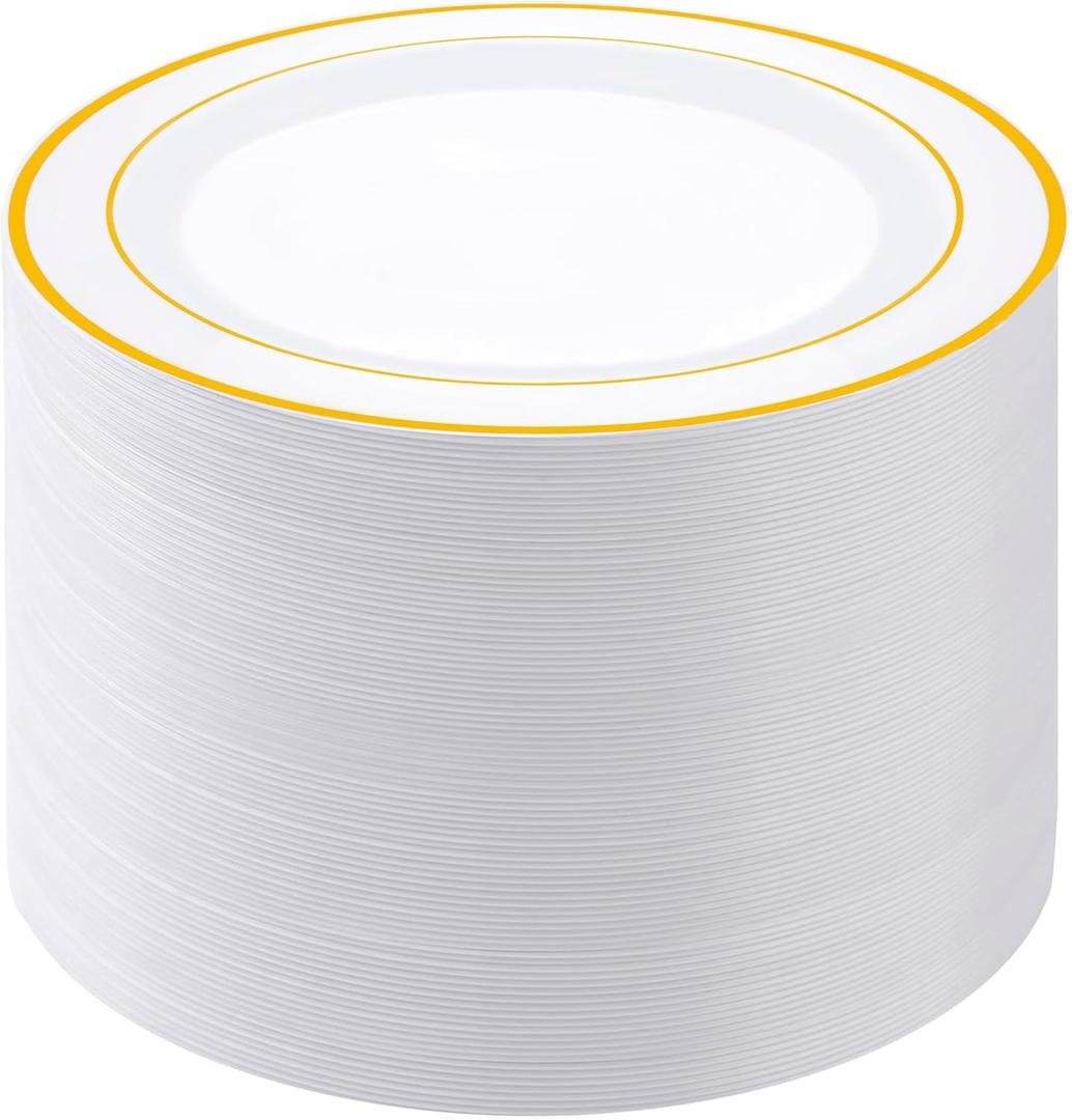 PULOTE 100PCS Gold Plastic Plates - 10 Inch White with Gold Trim Plastic Dinner Plates Disposable for Dinenr, Party, Wedding & Thanksgiving