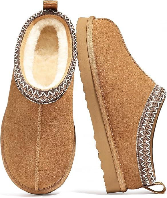 bebealy Genuine Suede Fuzzy Slippers for Women Winter Warm House Shoes Cozy Mini Boots for Indoor Outdoor, Size 40