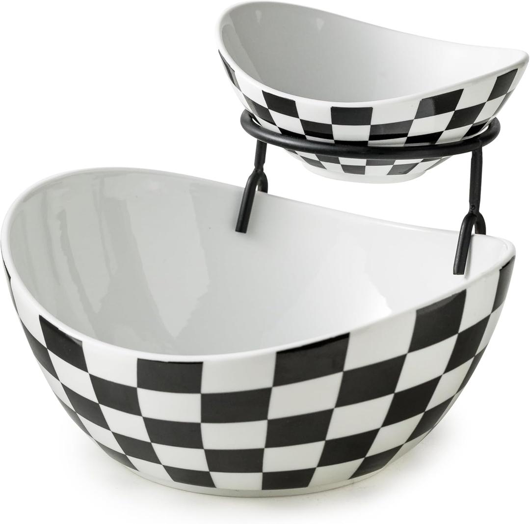 Tiered Serving Bowls Chip and Dip Serving Set with Stand, Ceramic Appetizer Serving Dishes Platters and Trays for Parties Entertaining - Checkered Kitchen Decor (Large & Medium, Black & White Pattern)