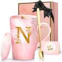 Coffee Mugs - Birthday Gifts for Women, Personalized Initial Customized Mug Tea Cup with Lid 14 Oz Pink, Spoon Greeting Card, Luxury Gift-Boxed Christmas Gift for Her Wife Mom Grandma Friend Unique,N