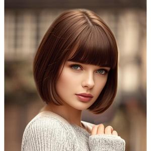 Brown Bob Wig With Bangs 12 Inch Mix Brown Wig Short Synthetic Fiber Bob Wigs for Women Short Bob Wigs and Halloween Cosplay Wig for Daily Life Colorful Wigs With One Cap (Mix Brown)