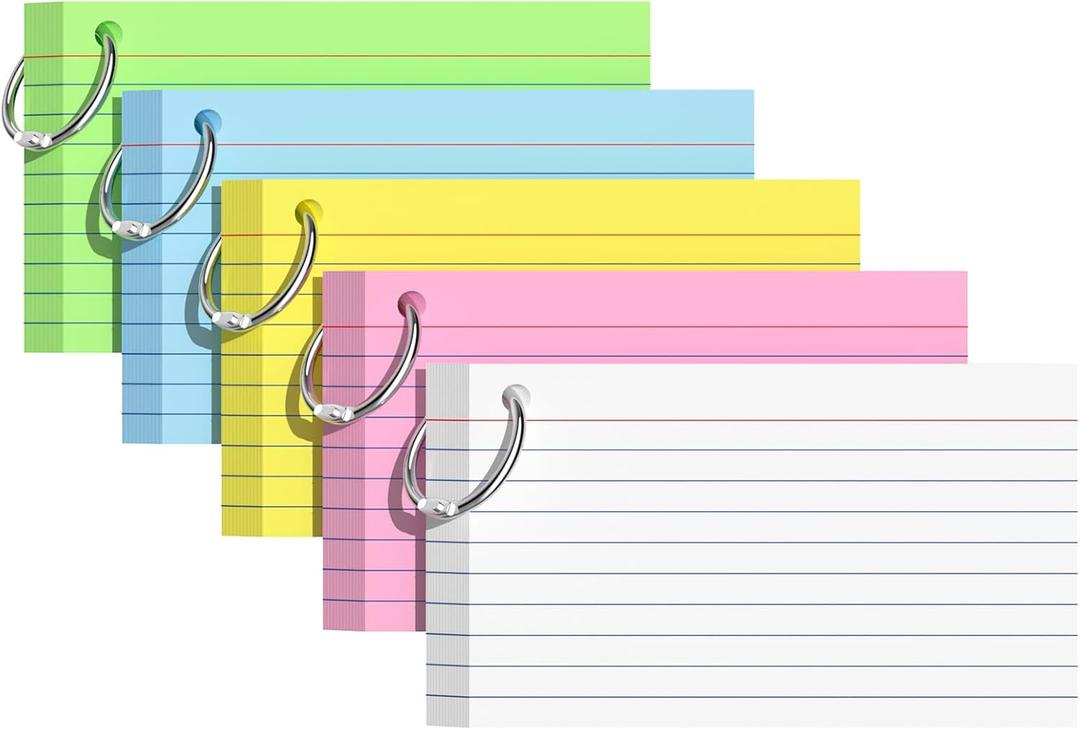 Index Cards 3x5 Inches, 250 PCS, Colored Flash Cards With Ring, Punched Lined Study Card Ruled Flashcards Notecards, Ruled Front And Blank Back, Note Card for School, College And Home