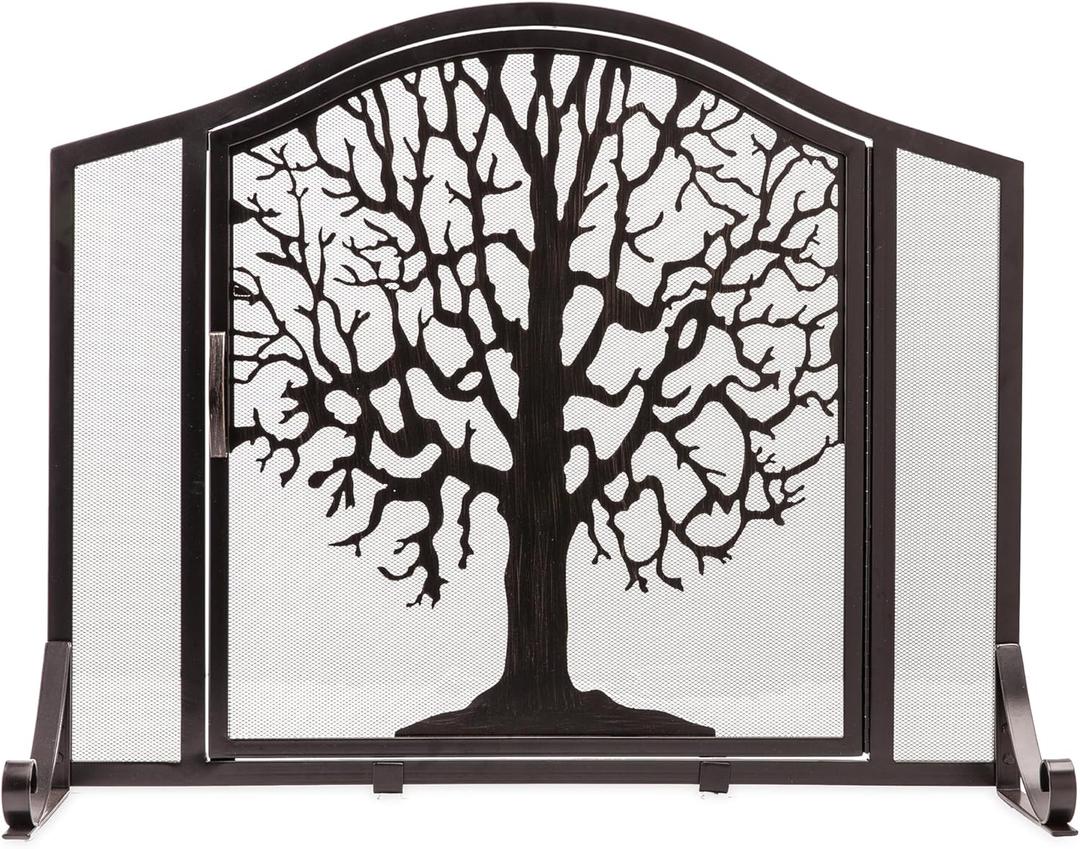 Plow & Hearth Metal Fireplace Screen Tree of Life Black | 44" W x 33" H | Magnetic Hinged Door | Spark Guard Cover | Stand Alone Wrought Iron Panel Fire Place Cover