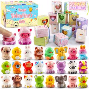 Valentines Day Gifts for Kids, Prefilled Valentines Box with 24PCS Animal Squishy Toys, Valentine Exchange Gifts for Boys Girls School Classroom