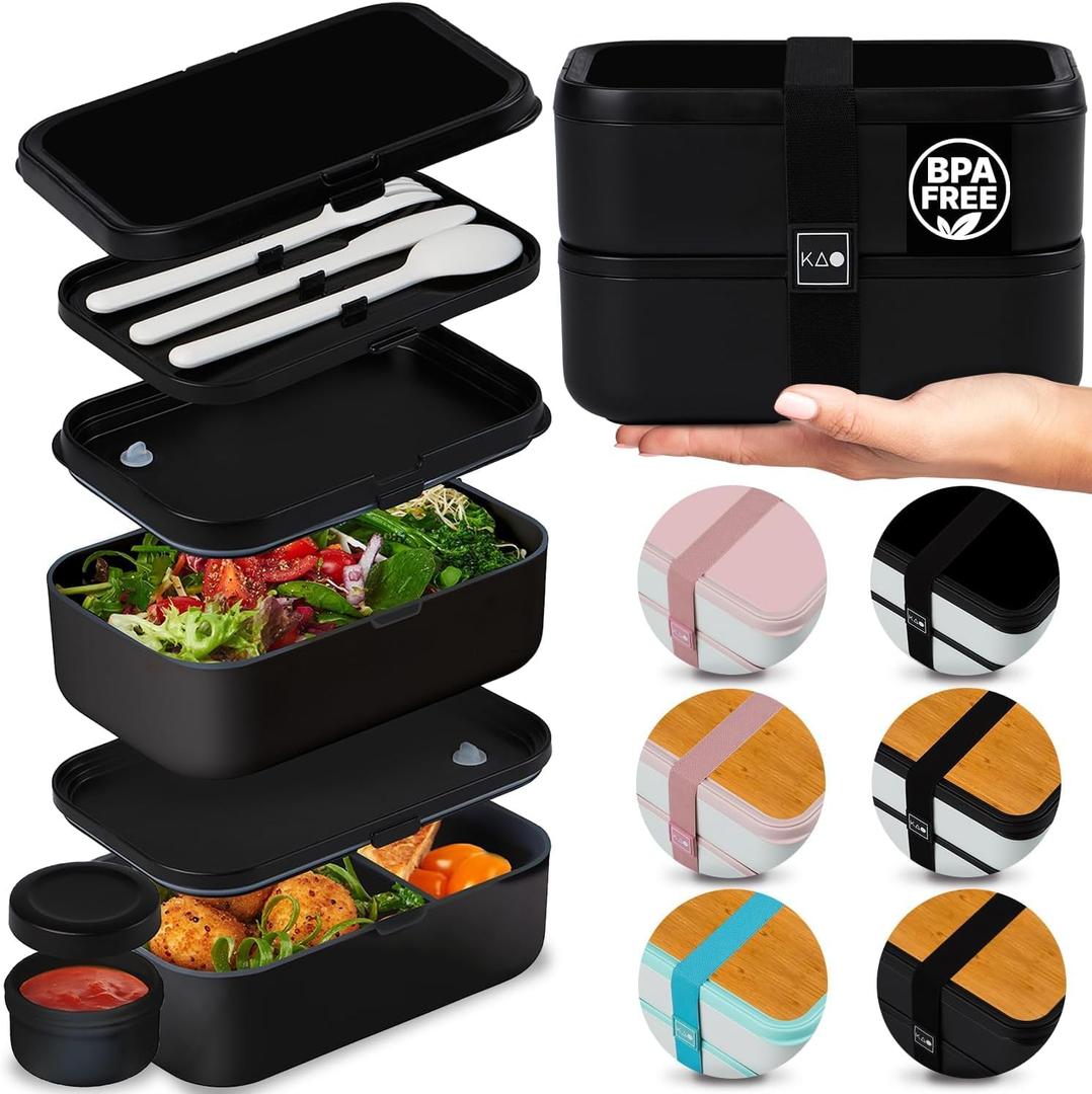 KARRICO Double Premium Bento Box Adult, 67 fl oz BPA-Free - Black Stackable Lunch Box with Leak-Proof Lids & Dividers, Perfect for Meal Prep, Lunches & Portion Control