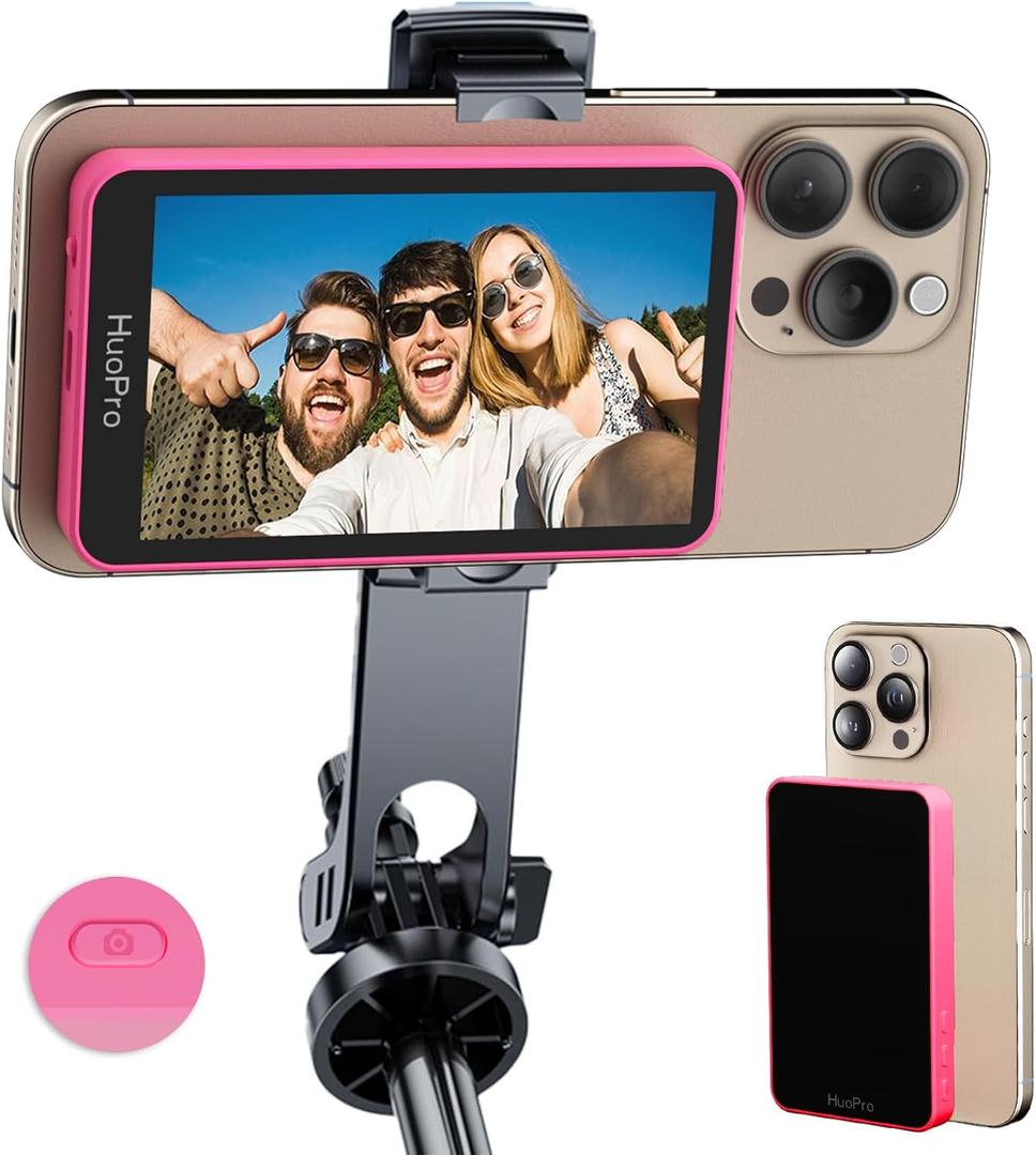 HuoPro Vlog Selfie Monitor Screen for iPhone & Android, S1 Magnetic Wireless Back Camera Monitor Built in Shutter No Need Remote 4K/ 60fps Rear Camera Screen for Selfie Live Stream TikTok Rose Red