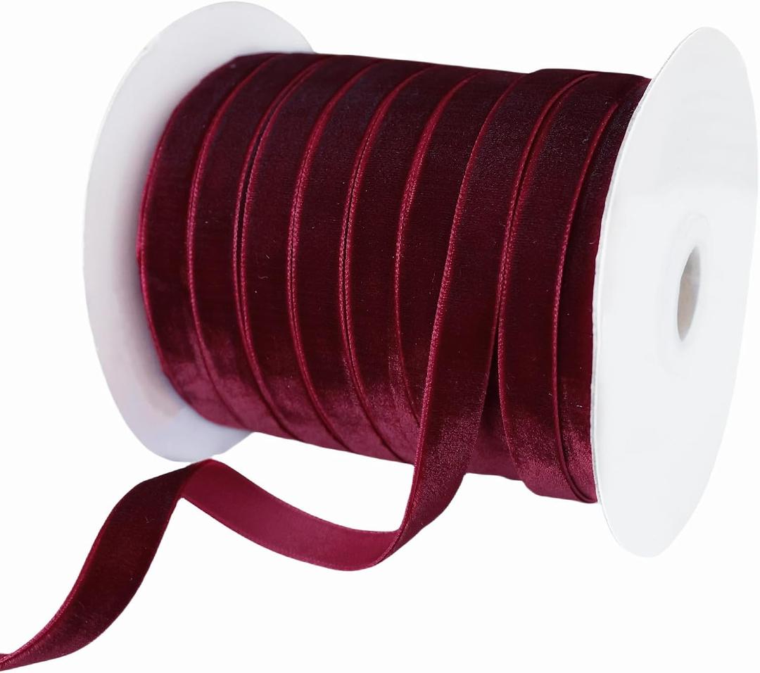Abbaoww 50 Yards Vintage Burgundy Velvet Ribbon 3/8 Inch Wide for Gift Wrapping Christmas Wedding Home Decoration DIY Projects (Burgundy)