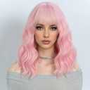 NOBLE Pink Wig Bob Wig with Bangs Short Loose Wavy Wigs for Women Shoulder Length Heat Resistant Synthetic Hair Bob Wavy Colored Wigs for Halloween Cosplay 12 Inches