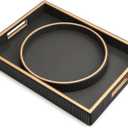 SANZIE Leather Tray Desktop Storage Organizer Premium Serving Tray Decorative Tray Valet Tray for Sundries Cosmetics Phone Wallet Cutlery, Combination, Black (Black Holder With Disc)