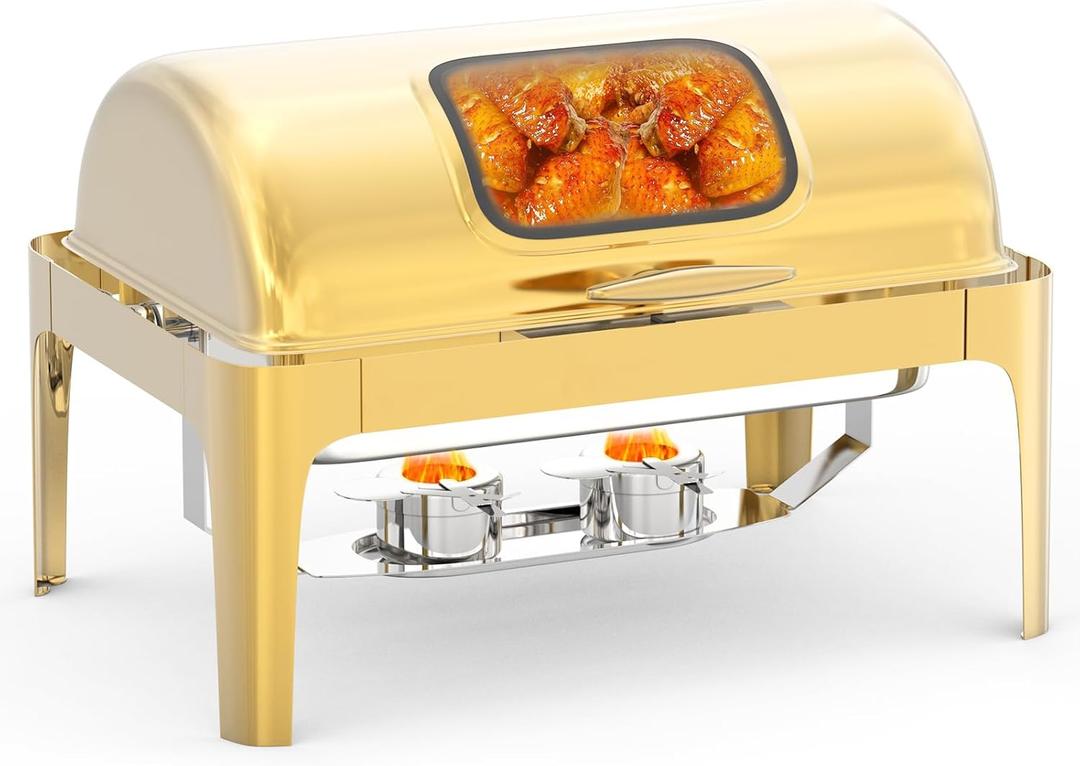 Roll Top Chafing Dish for Buffet, 9QT Retangle Stainless Steel Chafer Catering Food Warmer Server with Visible Lid Water Pan Stand Fuel Holder Clip,for Parties, Birthday, Hotels and Weddings, Gold