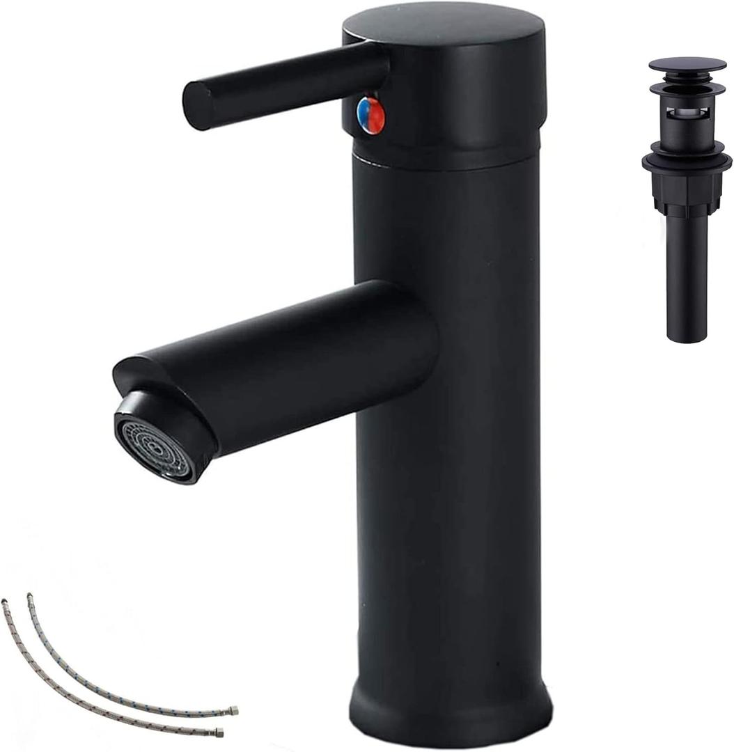 GGStudy Black Bathroom Faucet Single Handle One Hole 1 or 3-Hole 4" Installation Stainless Steel Bathroom Vanity Faucet Matching Pop Up Drain with Overflow