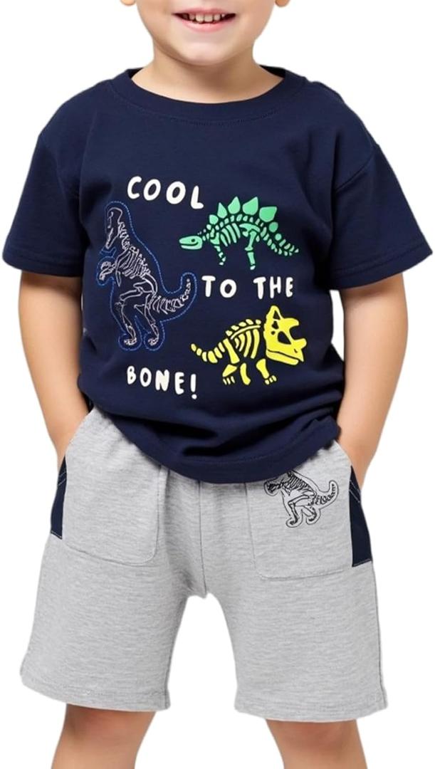 Little Bitty Toddler Boy Clothes Boys Summer Outfits Cotton Short Sleeve T-Shirt & Shorts Set 2-7Yrs (Navy & Grey)