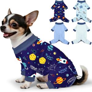 Bienbee Dog Pajamas, 4 PCS Dog Jammies Onesie Pjs Soft Stretchy Doggie Pajamas Dogs Clothes Costume for Small Medium Large Dogs Boy Girl(Rockets and Marine Animals Set)-XS