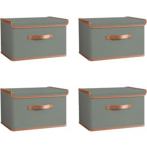 Tuza 4 Pack Storage Bins with Lids, Collapsible Closet Organizer Container, Fabric Organizer Box with Handles, Decorative Storage Boxes with Lids for Organizing Clothes, Blanket, Grey, Large