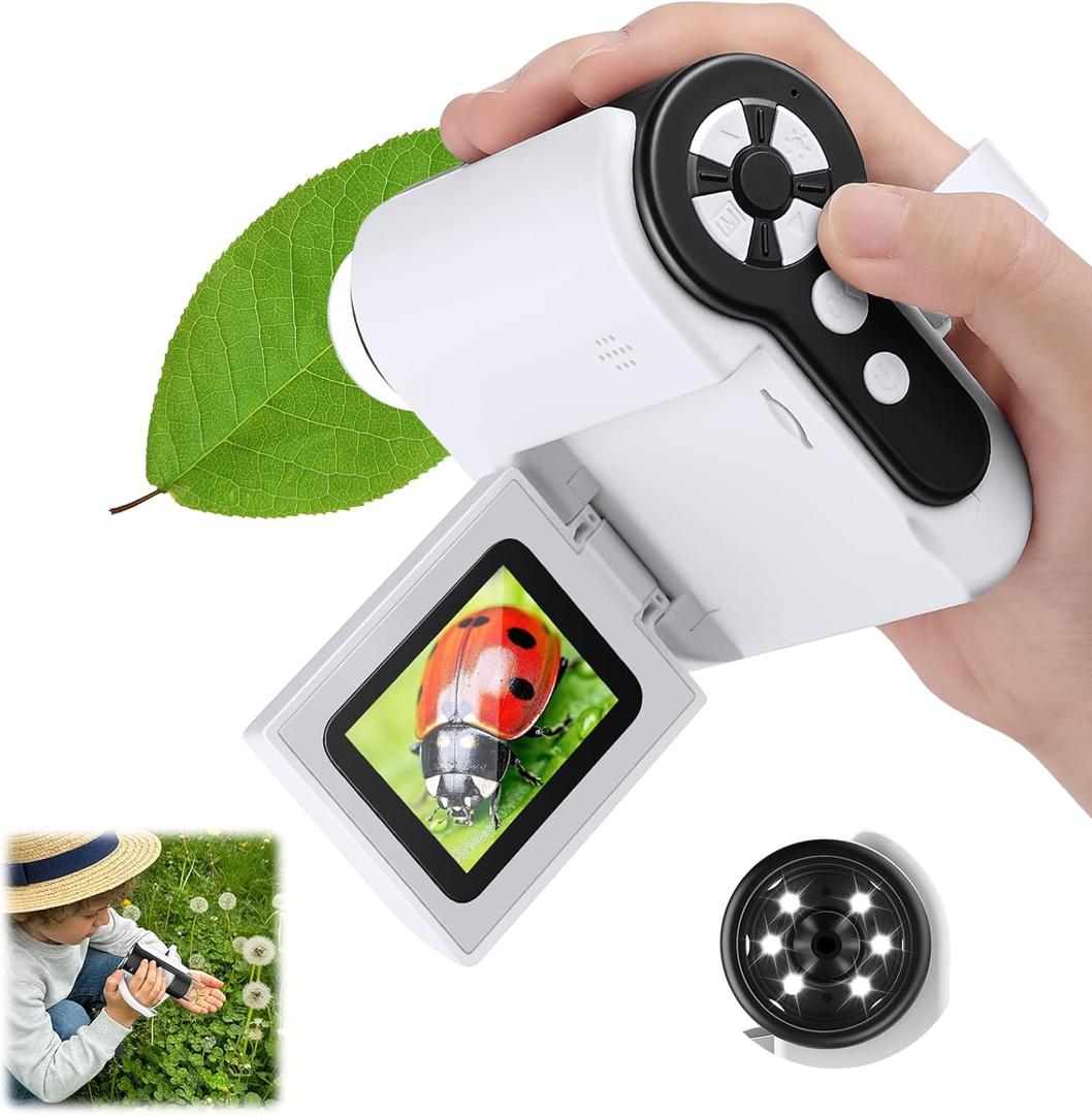 1000X Microscope for Kids 8-12, 4K HD Screen with 6 LED Lights, Portable Microscope for Outdoor STEM Learning, Rechargeable Science Kit, Birthday Valentines Day Easter Gifts for Kids (White)