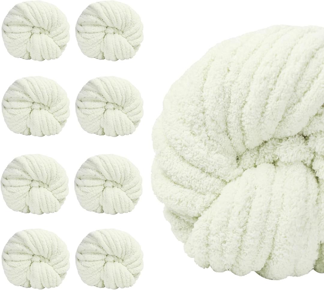 SUNTQ 8 Pack Jumbo Chunky Chenille Yarn for Crocheting, Bulky Thick Fluffy Yarn for Hand Knitting Blanket, Soft Plush Knitting Yarn for Cushions, Pet Bed,Home Decor, Ivory(32 yds,8.8 oz Each Skein)