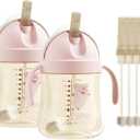 Piifur 11oz PPSU Baby Sippy Cup, Leak-Proof V-Valve Straw Cup with Replacement Straws, Easy Clean Toddler Training Cup for 6-36 Months (Pink 2Pack)