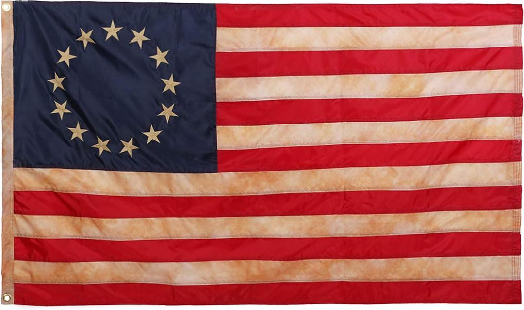 210 Nylon Betsy Ross Flag 3x5 Outdoor- Tea Stained Vintage Colonial Flag- Embroidered Stars, Sewn Stripes, Double Stitched, Grommets- Antiqued US Banner Flag- USA Flag July 4th Americana Flag Decor