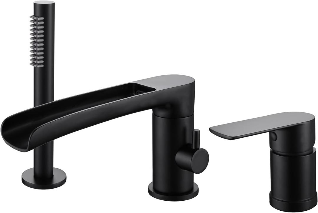 TapLong Waterfall Roman Tub Faucet with Hand Shower, Widespread Deck Mount Bathtub Faucet with Sprayer, Single-Handle 3-Holes Bathtub Shower Faucet Set in Matte Black, 03119B