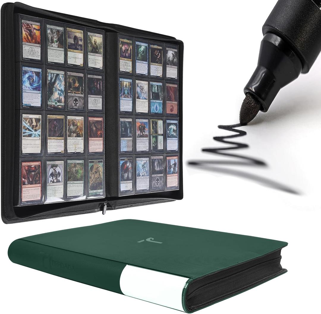 Premium Trading Card Binder,16 Pocket, Holds Up to 1600 Cards with Ringless 50 Double-Sided Sleeves, Label Design with a Pen, Side Loading Card Collection Album Folder with Zipper for TCG,Sports Cards