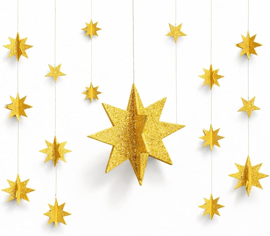 4 Pcs Gold 3D Glitter Star Garland Twinkle Bunting Gold Stars Paper Banner Hanging Banner for Birthday Wedding Bridal Baby Shower Holiday Valentines Day Ramadan Eid Mubarak Party Supplies