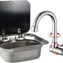 RV Sink Stainless Steel Kitchen Hand Wash Basin Sink with Folded Faucet Tempered Glass Lid Washbasin for Camper Trailer Caravan (Sink with Faucet U)