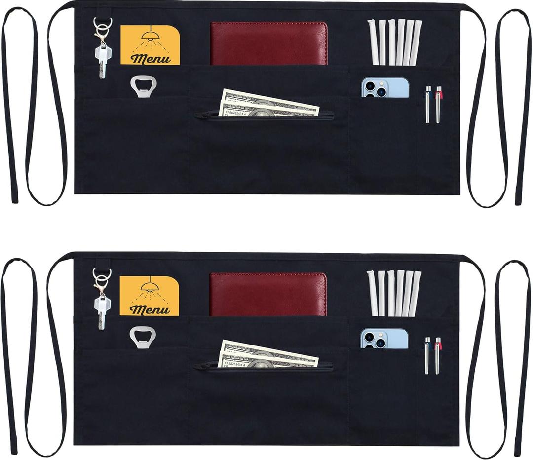 7 Pockets Server Aprons with Zipper Pocket (2 Pack) - Aprons for Women Men - Waiter Waitress Waist Half Apron 24x12 (Black)