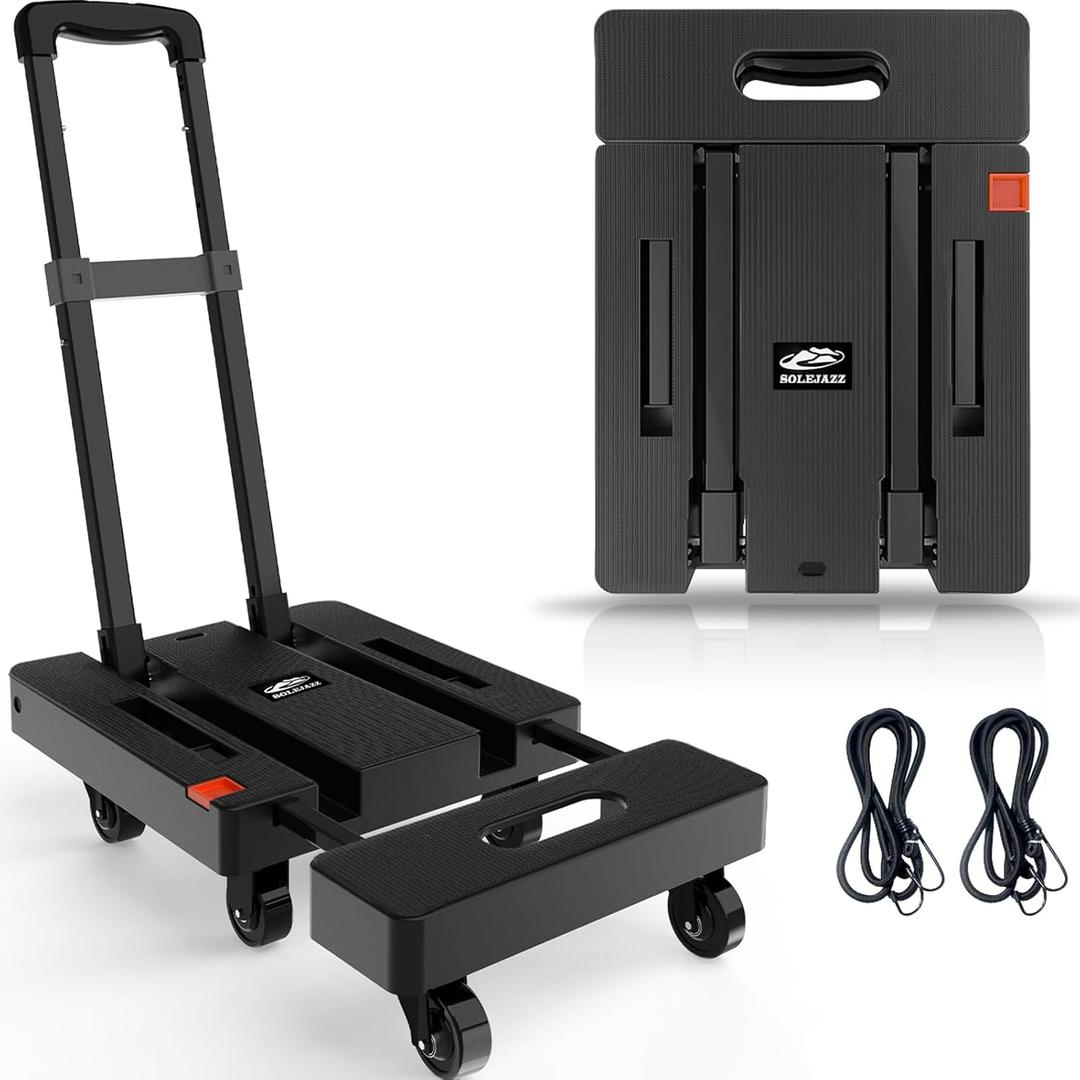 SOLEJAZZ Folding Hand Truck Portable Dolly Cart with Wheels Foldable 500LB Heavy Duty Luggage Cart Collapsible Hand Cart Moving Dolly for Airport Travel Furniture Luggage Office Moving, Black