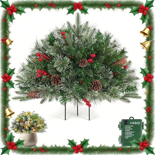 Upliftjoys Pre-Lit Artificial Christmas Tree Urn Filler, Lighted Holiday Planter Filler with Tripod Stake, Outdoor Artificial Christmas Tree Decorations for Porch, Yard, Garden, Patio(Green, 4PC)