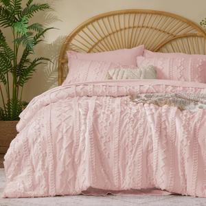 BEDELITE Queen Comforter Set 7 Pieces,Boho Bed in a Bag,Pink | Tufted Bed Set for All Seasons,Soft Farmhouse-Style Embroidery Bedding,Includes Flat & Fitted Sheets,2 Pillowcases & 2 Shams