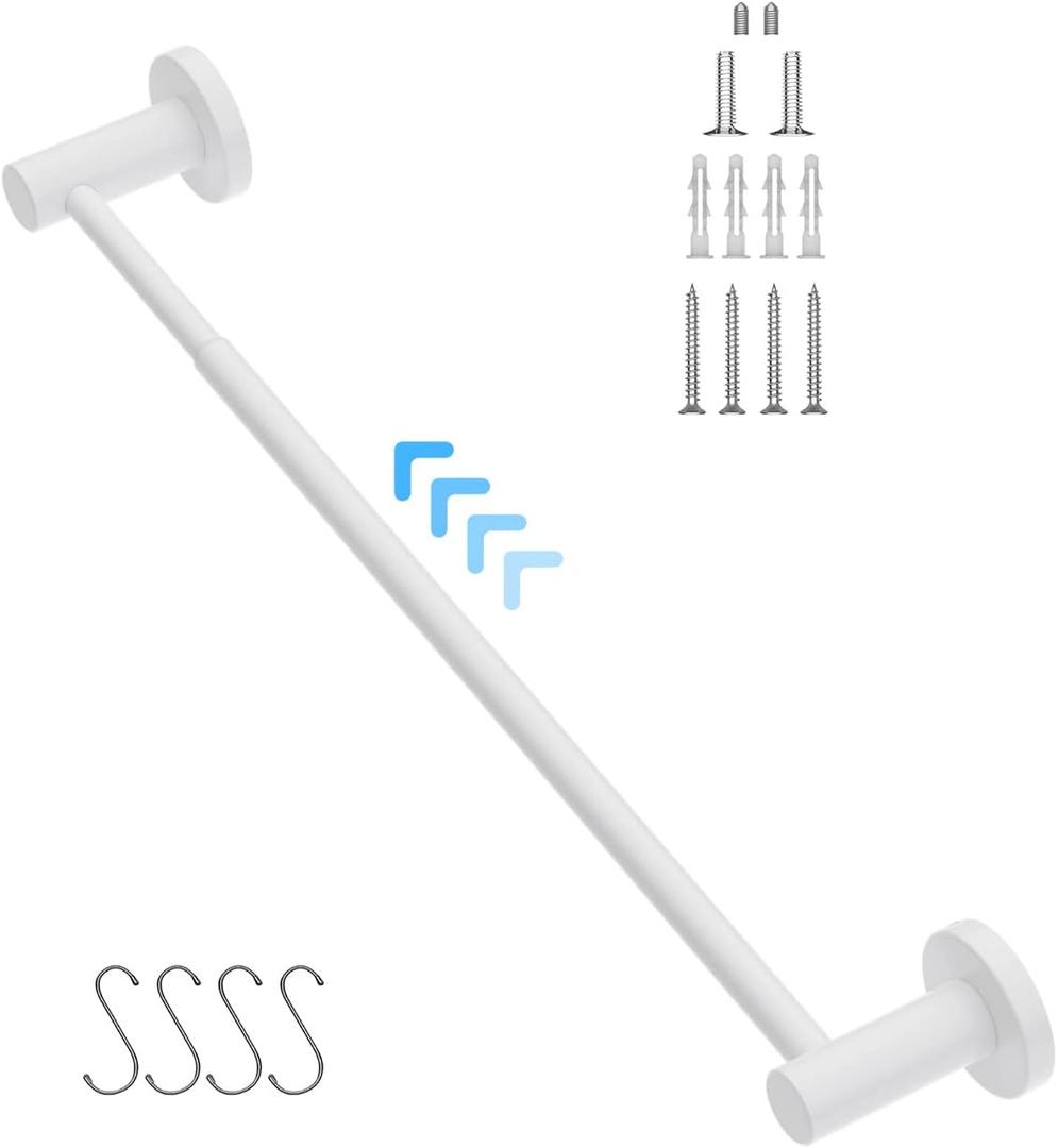 Adjustable Single Towel Bar 16 to 27.6 Inch, iMomwee Oil Rubbed White Finished Stainless Steel Bath Towel Holder, Wall Mounted Towel Rail for Bathroom Kitchen Washroom, 1" Diameter Towel Rod with Hook