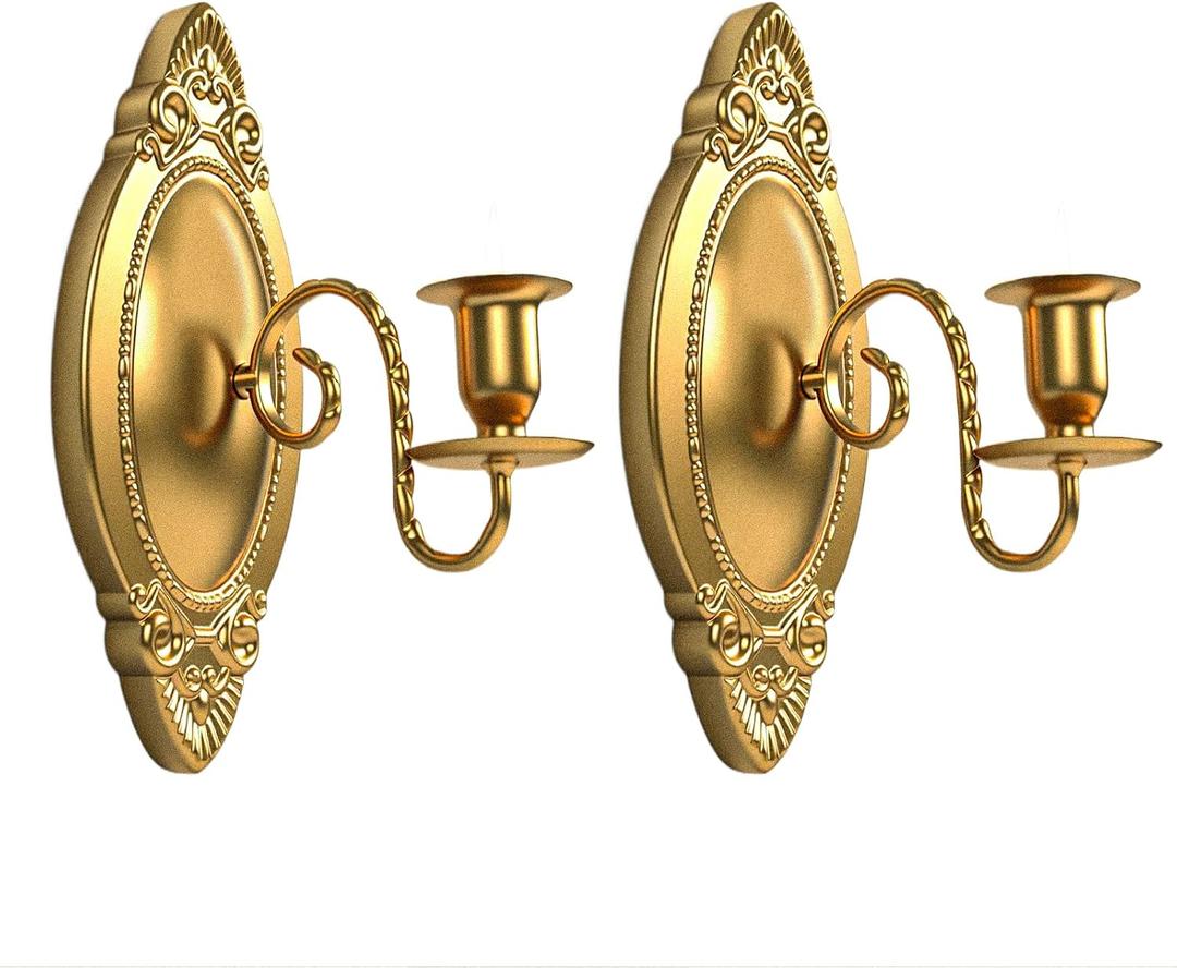 Gold Candle Sconces Set of Two, Brass Color Victorian Royal Wall Sconce, Metal Rustic Candle Holder Baroque Home Wall Decor for Living Room, Dining Room, Bedroom, Fireplace, Hallway, Window