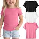 3 Pack Toddler Girls' Short Sleeve Tops | Baby, Cute, Tee, Crop, Lettuce Trim, Kids, T-shirt, Boat Neck, Blouse, Solid, Casual, Summer, Plain, Classic, Elegant