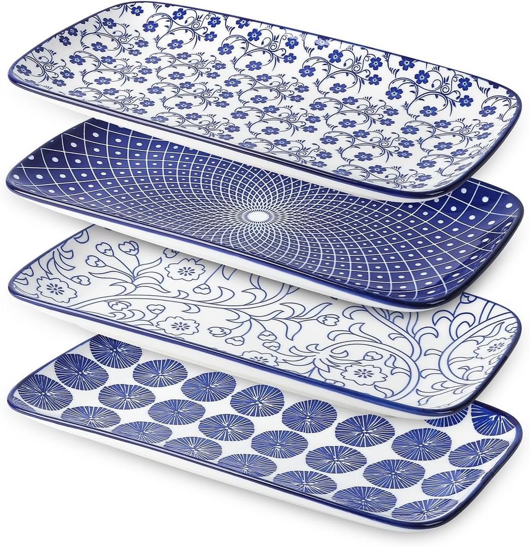 Selamica Ceramic Serving Platters, 14 Inch Serving Trays for Party Entertaining, Large Rectangular Serving Plates for Appetizer, Charcuterie, Dessert, Fruit, Set of 4, Vintage Blue
