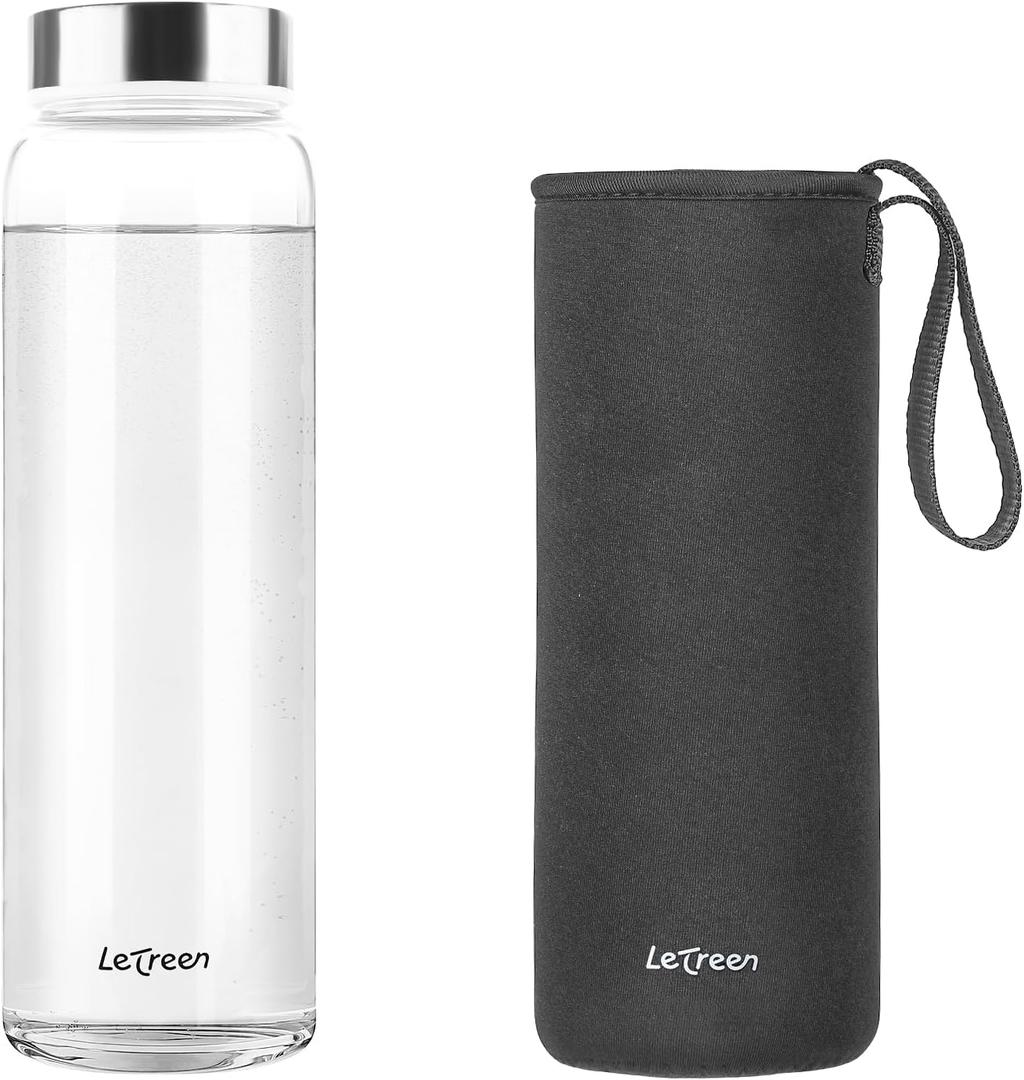 Glass Water Bottle 32 oz, Borosilicate Wide Mouth Glass Water Bottle with Neoprene Sleeve, BPA-Free Leak Proof Reusable for Hot Cold Drinks, Work, Gym, Home, 1 Pack