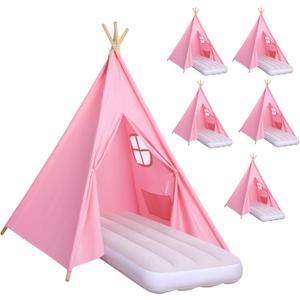 Wilwolfer Sleepover Tents for Kids Party-6 Pack Tipi Playhouse for Kids with Lights& Flag& Inflatable Airbed -Indoor/Outdoor Foldable -Slumber Party Tent-Sleepover Party Supplies, Pink