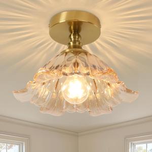 Semi Flush Mount Ceiling Light Fixture, 11in Amber Glass Vintage Light Fixtures Ceiling for Hallway Kitchen Foyer Entryway Bedroom, E26 Base