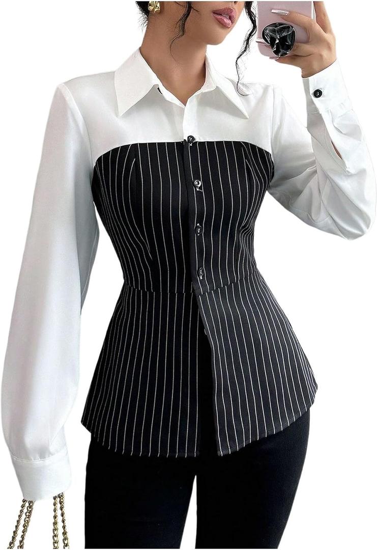 SweatyRocks Women's Long Sleeve Button Down Fitted Color Block Striped Blouses Shirts Elegant Work Tops (Medium, Black and White)