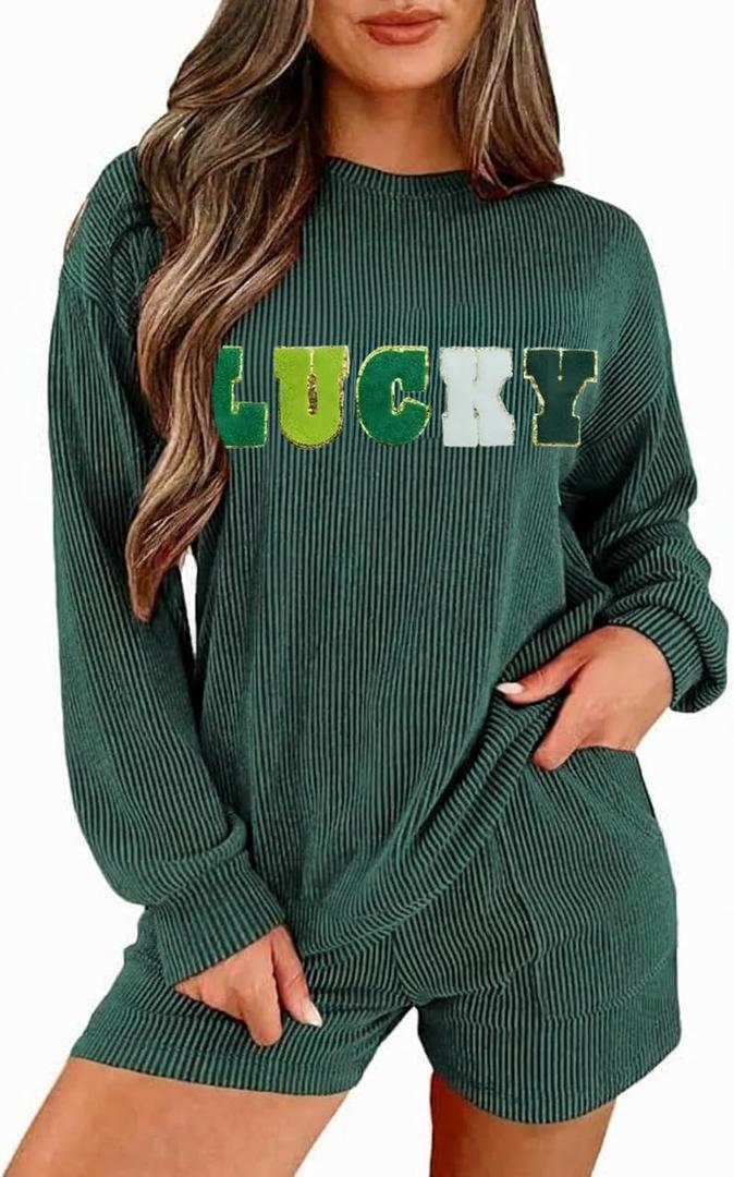 Opemiby Womens Ribbed Pajama Sets Long Sleeve Top and Shorts Matching Lounge Set Loungewear Sweatsuit with Pockets