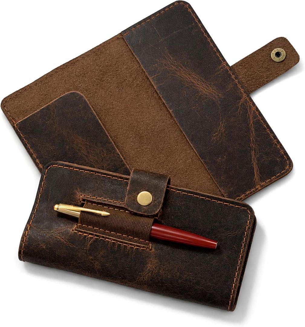Leather Checkbook Cover with Pen Loop, Full Grain Check Book Holder Wallet for Personal & Duplicate Checks, Slim Money Organizer for Men & Women  Brown