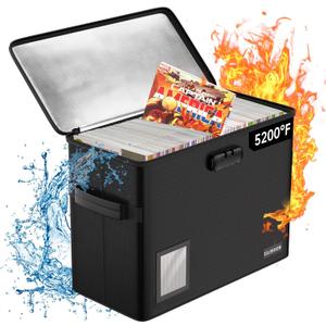 5200 Fireproof Book Storage for 150-175 Comics, Water-Resistant & Moistureproof Stackable Box With Label Window and Lock, Sturdy Short Case With Fire Zipper, Black
