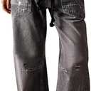 Barrel Jeans Women Trendy Low Rise Drawstring Baggy Jeans Vintage Pant Casual Wide Leg Horseshoe Demin with Pockets L