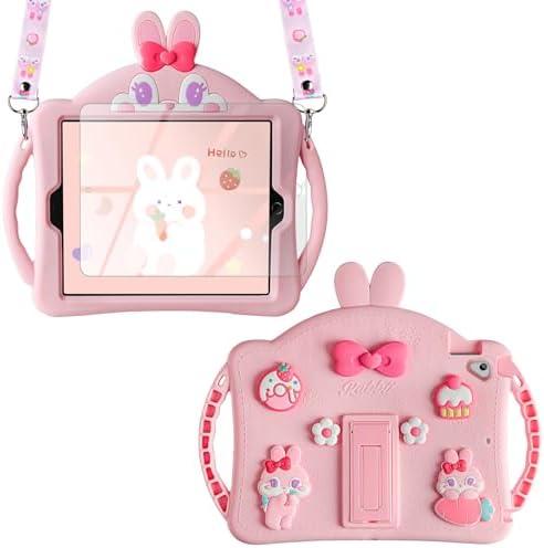 WESADN for iPad 5 6th Generation Case iPad Pro 9.7 for Kids Girls with Screen Protector Shoulder Strap Kickstand Cute Dolls Rabbit Silicone Full Body Protective Tablet Cover for iPad Air 2/1 Pink